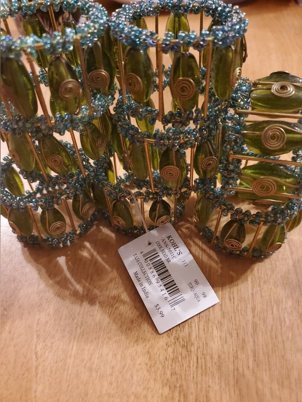 Set of 8 Kohls Baja Collection Green & Turquoise Glass Beaded Napkin Rings Boho